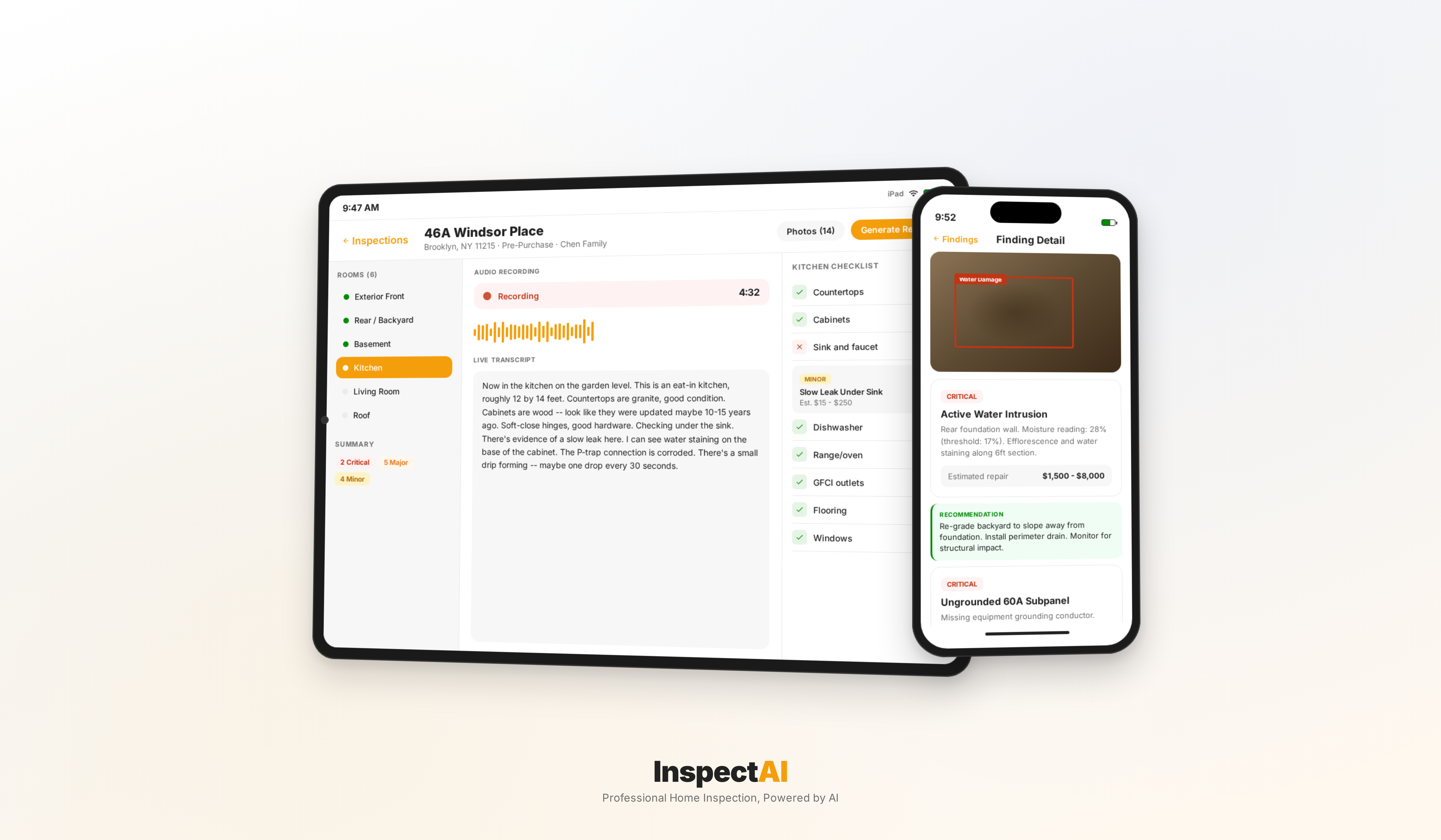 InspectAI on iPhone Pro mid-inspection: voice transcription, room detection, defect tagging